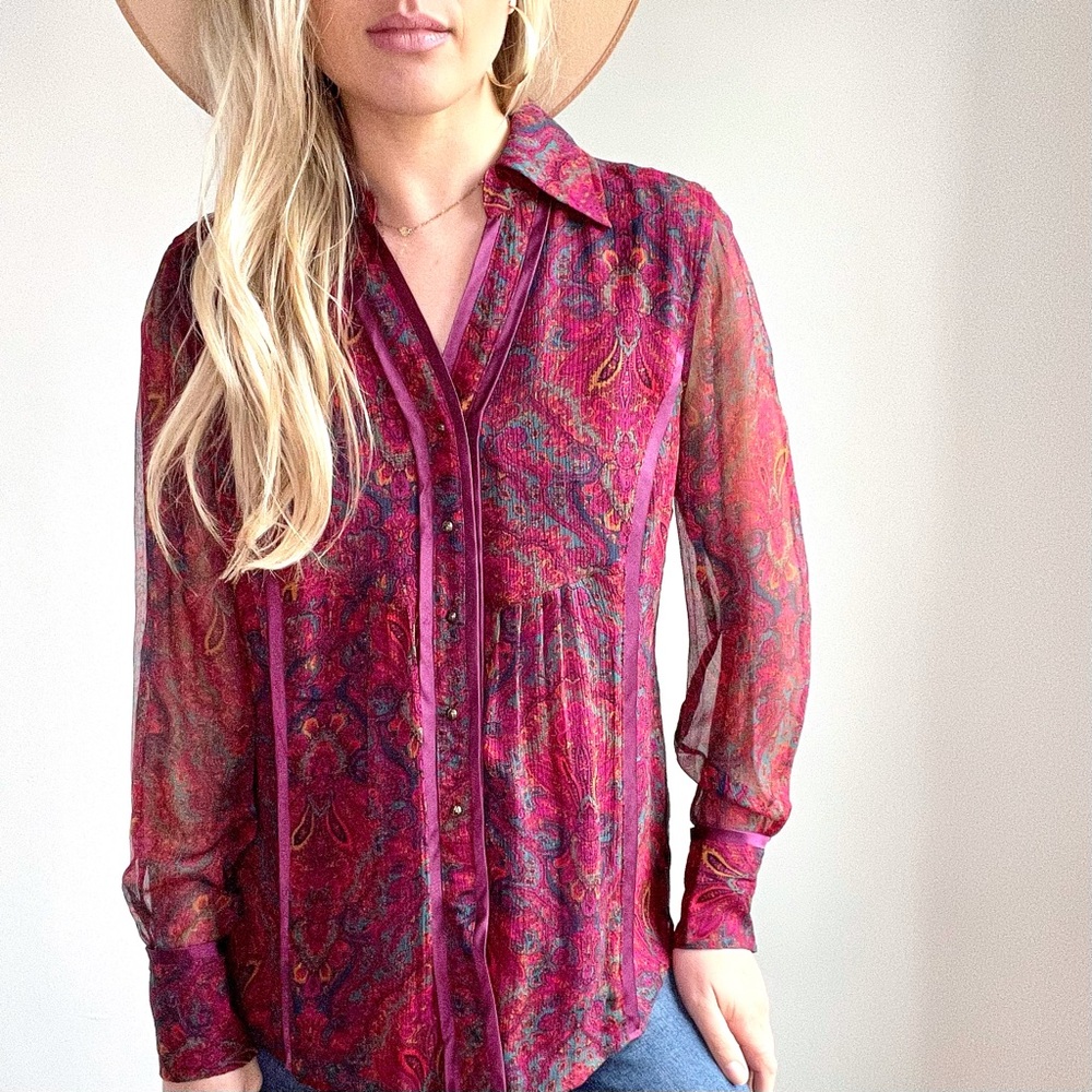 Purple, Burgundy & Teal Paisley Silk Button Down S